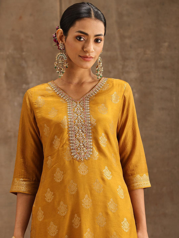 Yellow Self Design Silk Suit Set With Trousers