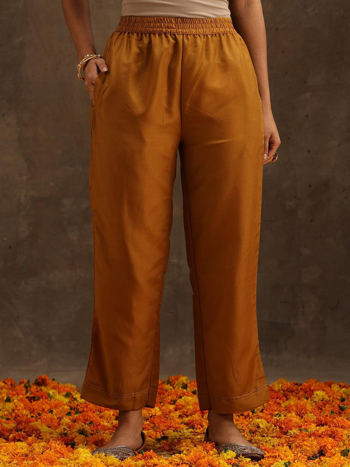Yellow Self Design Silk Suit Set With Trousers