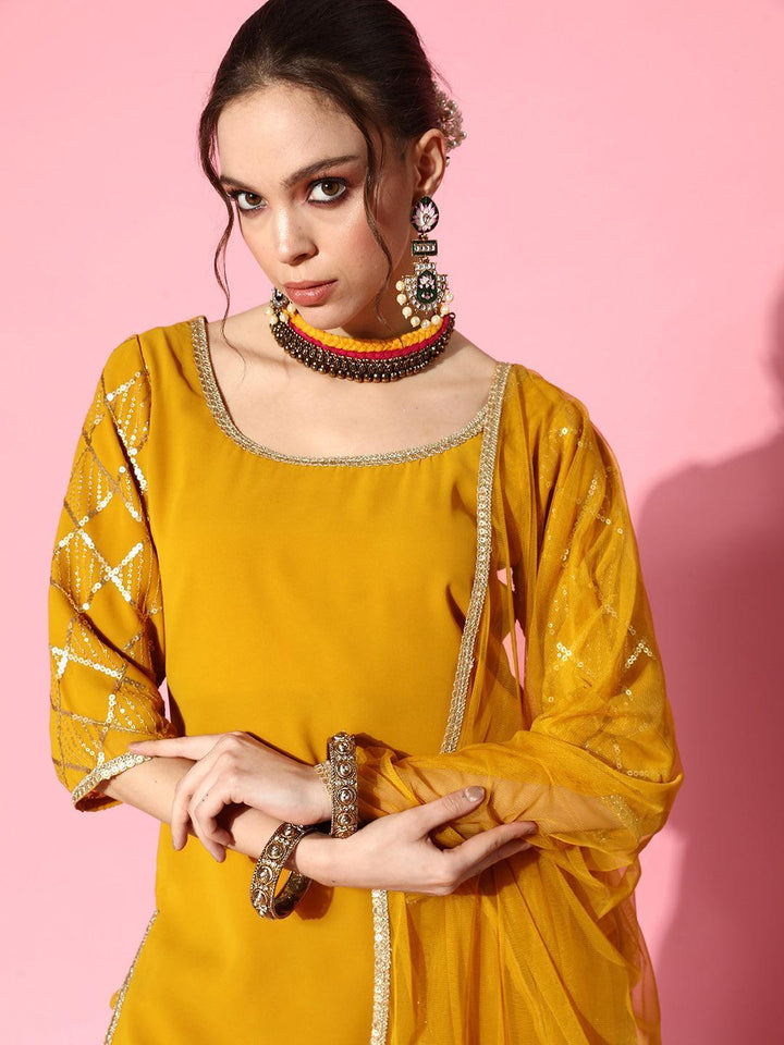 Yellow Solid Georgette Straight Kurta With Palazzos & Dupatta