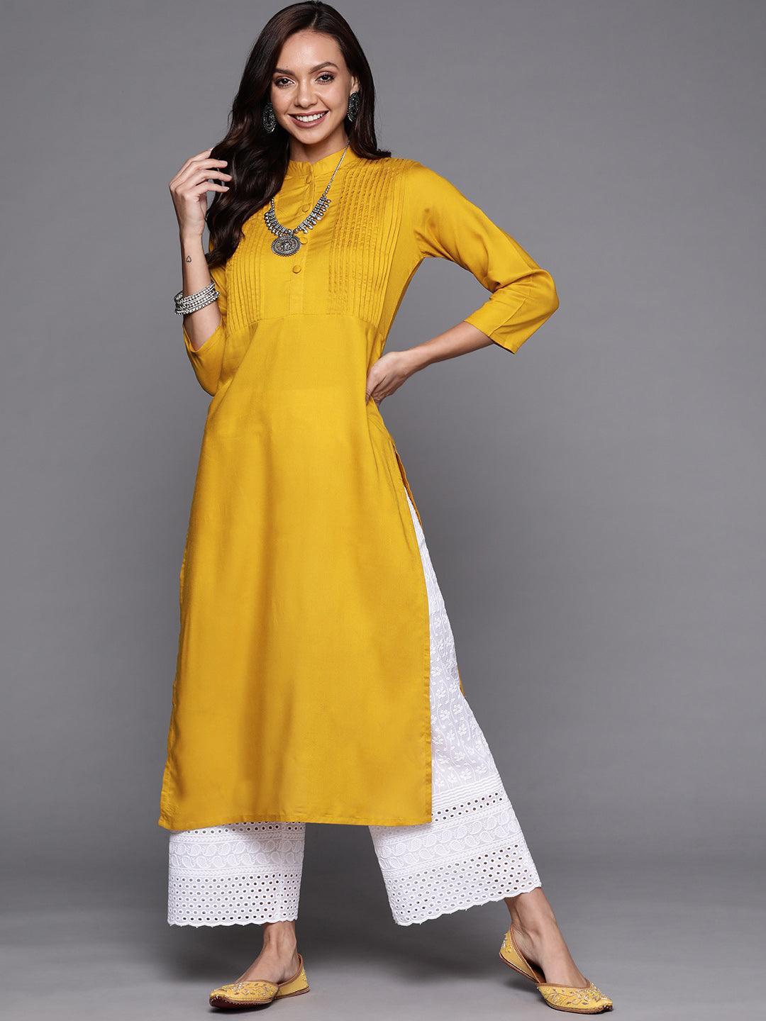 Yellow Solid Rayon Kurta - ShopLibas