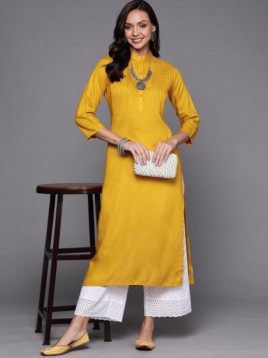 Yellow Solid Rayon Kurta - ShopLibas