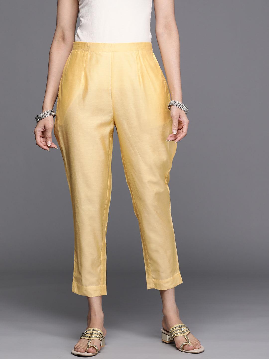 Yellow Solid Silk Trousers - ShopLibas
