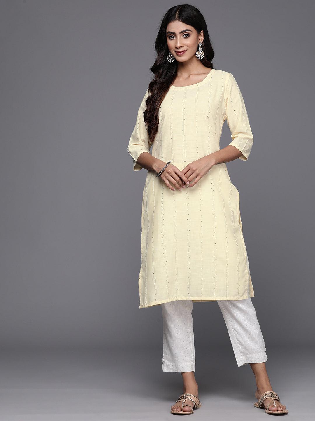 Yellow Woven Design Cotton Straight Kurta - Libas