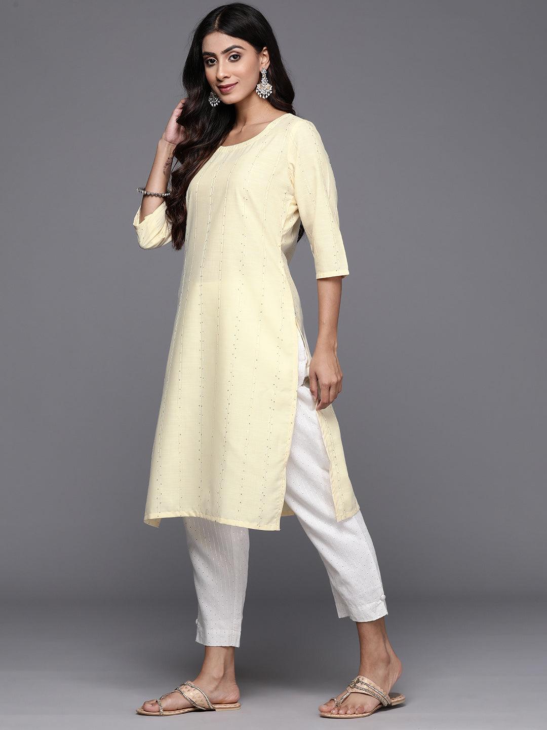 Yellow Woven Design Cotton Straight Kurta - Libas