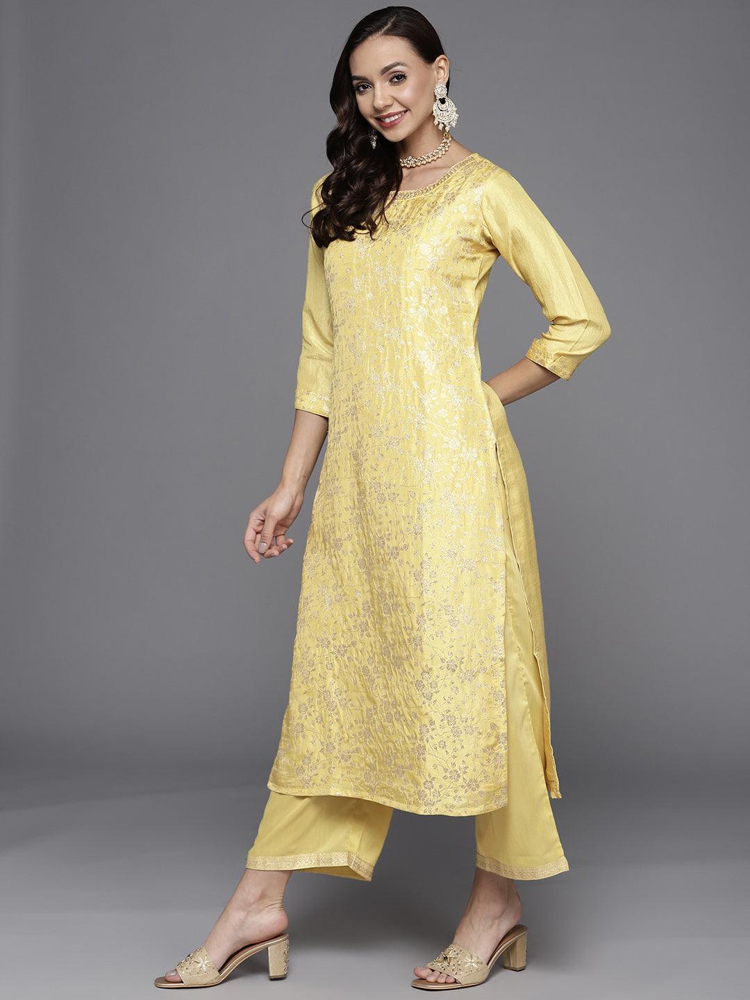 Yellow Woven Design Silk Blend Straight Suit Set - ShopLibas