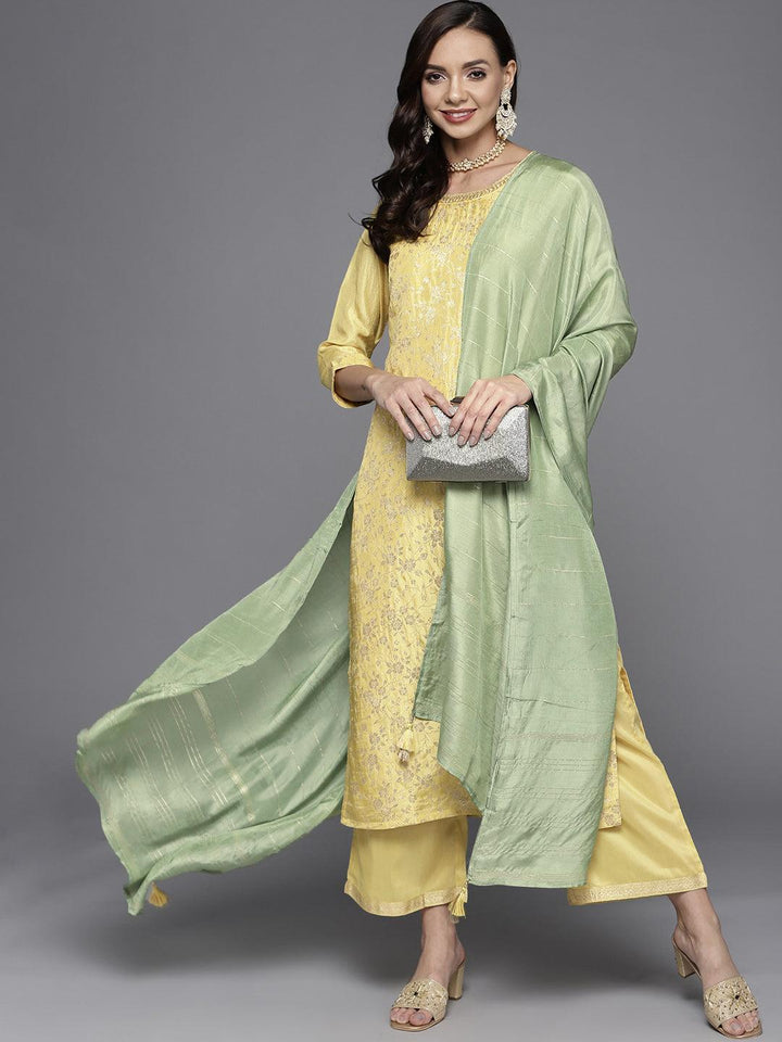 Yellow Woven Design Silk Blend Straight Suit Set