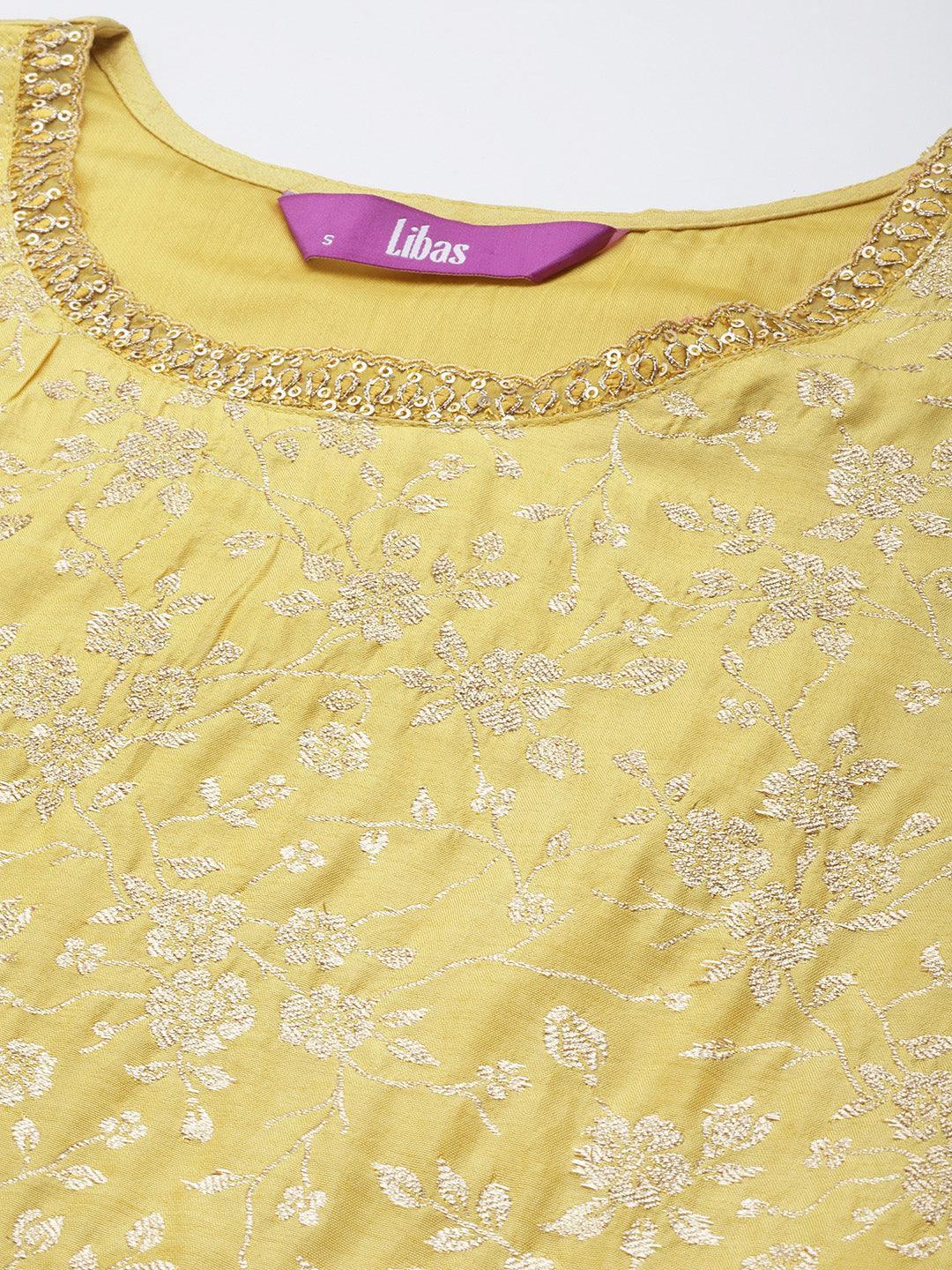 Yellow Woven Design Silk Blend Straight Suit Set - ShopLibas