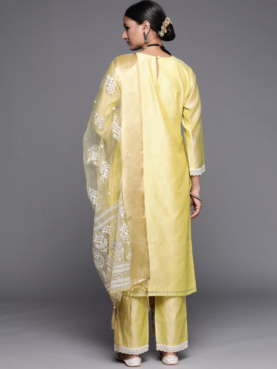 Yellow Yoke Design Chanderi Silk Straight Suit Set - ShopLibas