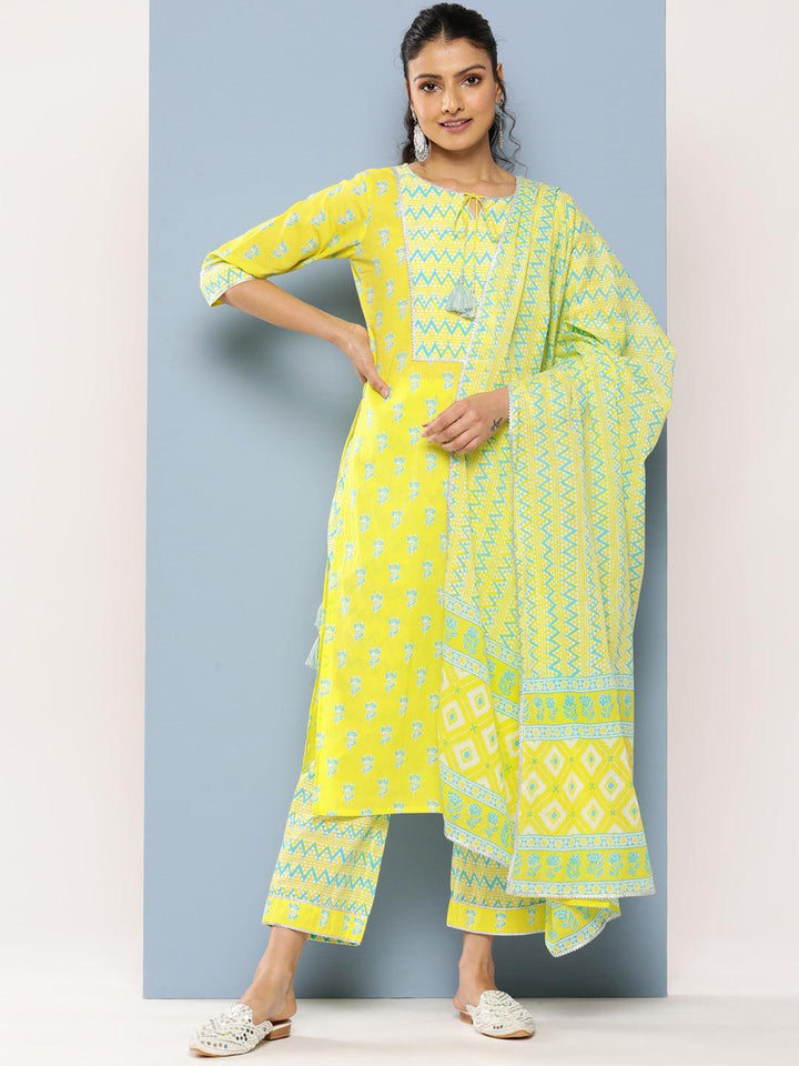 Yellow Yoke Design Cotton Straight Kurta With Trousers & Dupatta