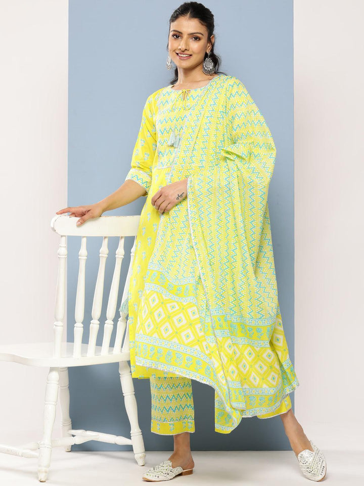 Yellow Yoke Design Cotton Straight Kurta With Trousers & Dupatta