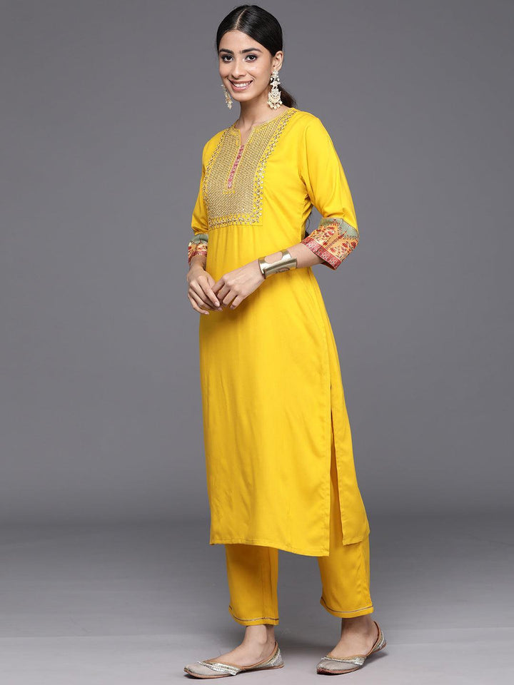 Yellow Yoke Design Rayon Straight Kurta With Trousers & Dupatta