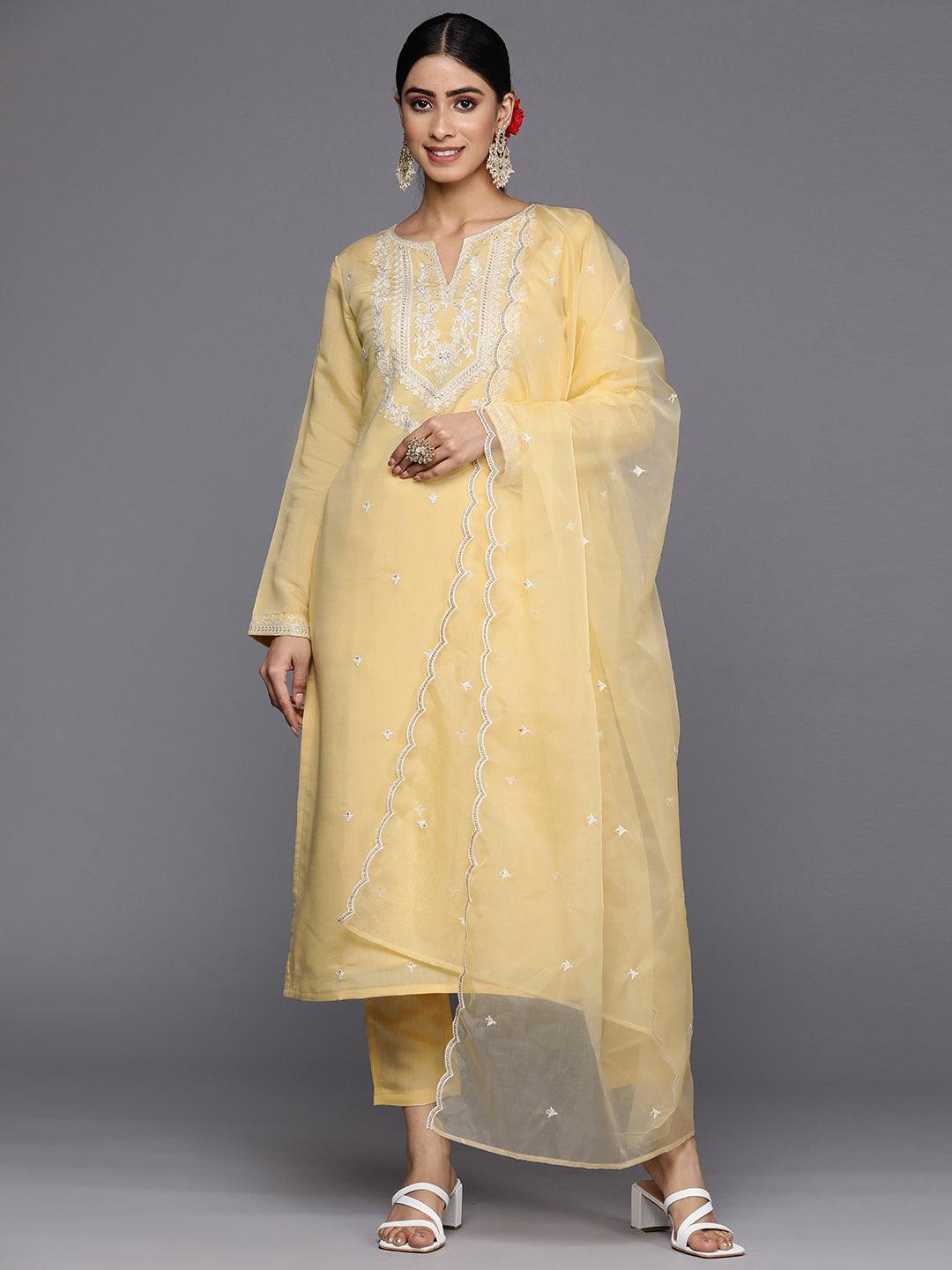 Yellow Yoke Design Silk Blend A-Line Kurta With Trousers & Dupatta