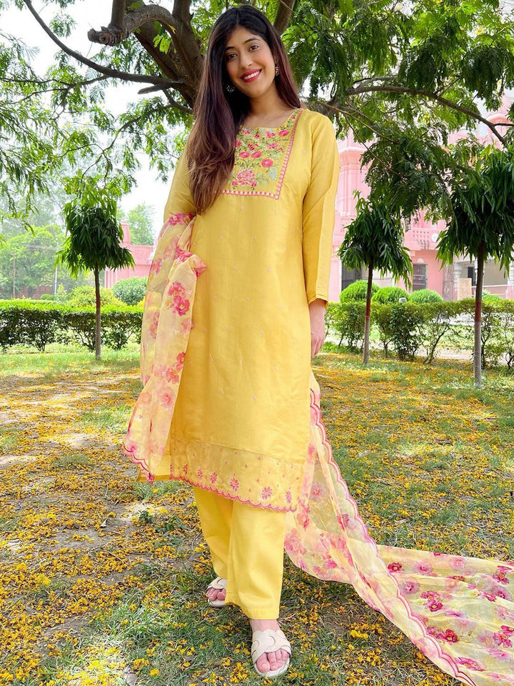 Yellow Yoke Design Silk Blend Straight Kurta With Trousers & Dupatta