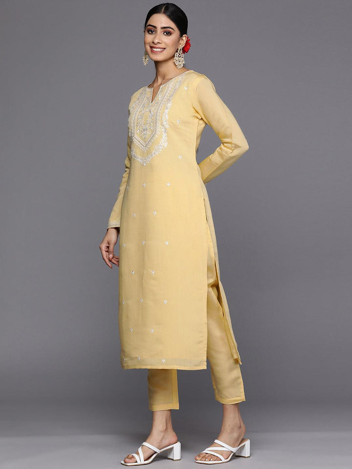 Yellow Yoke Design Silk Blend Straight Suit Set With Trousers
