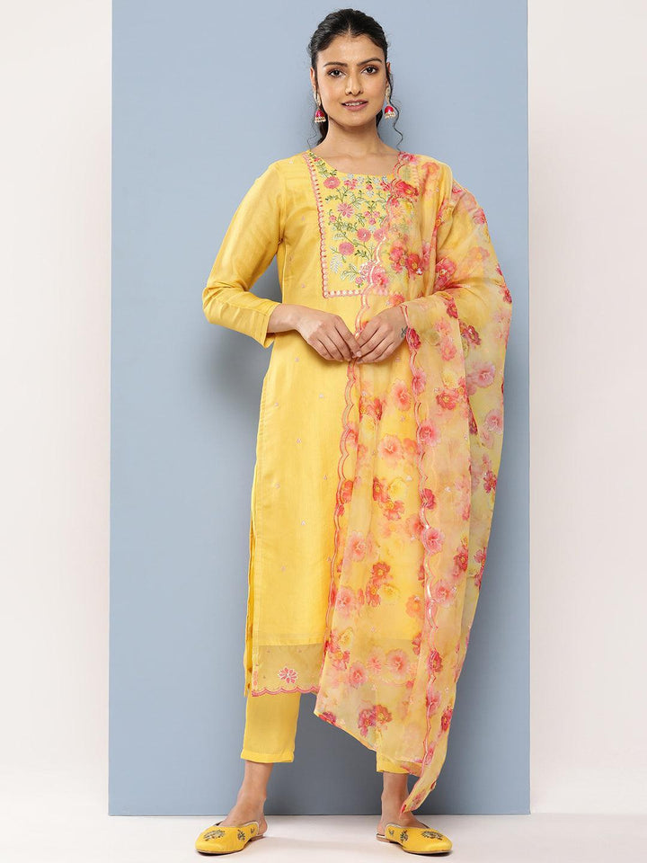 Yellow Yoke Design Silk Blend Straight Kurta With Trousers & Dupatta