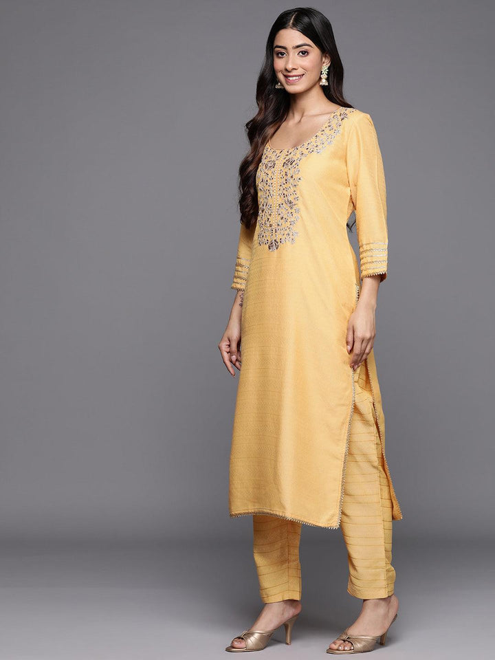 Yellow Yoke Design Silk Blend Straight Suit Set With Trousers