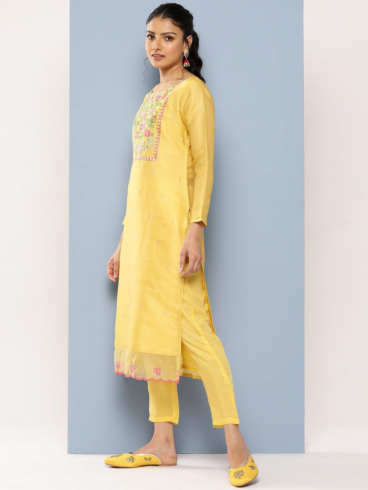 Yellow Yoke Design Silk Blend Straight Kurta With Trousers & Dupatta