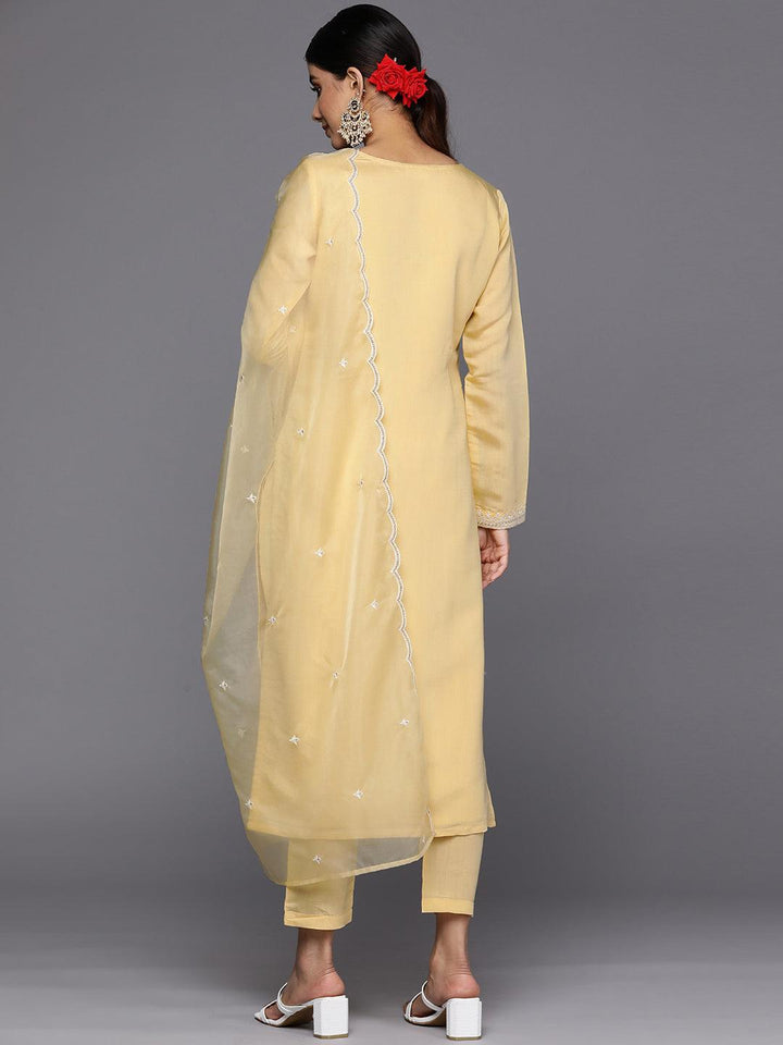 Yellow Yoke Design Silk Blend Straight Suit Set With Trousers
