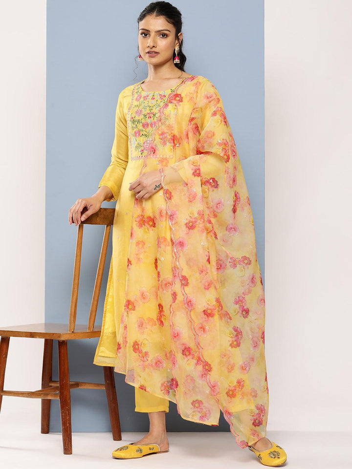 Yellow Yoke Design Silk Blend Straight Kurta With Trousers & Dupatta
