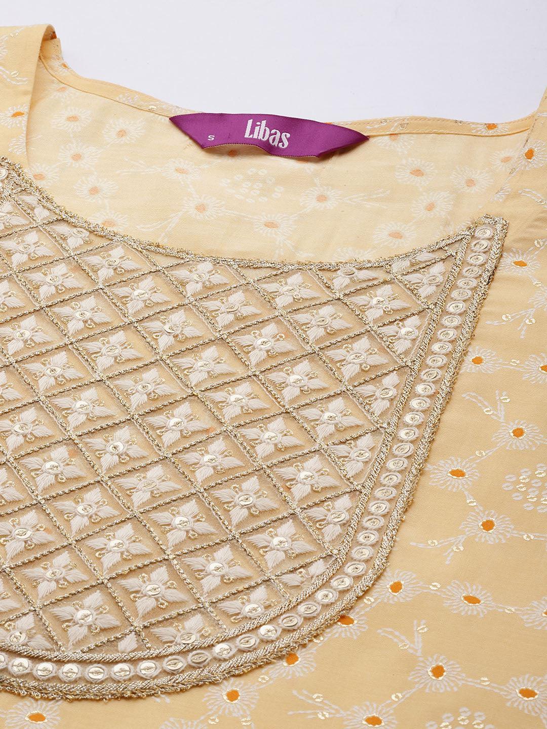 Yellow Yoke Design Silk Blend Straight Suit Set With Trousers - ShopLibas