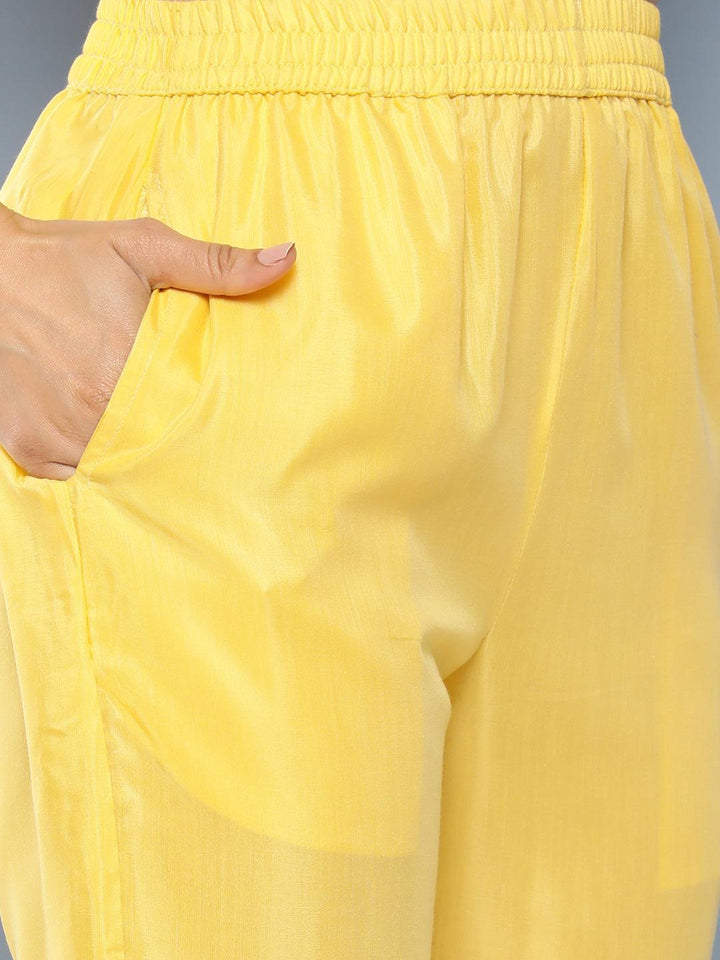 Yellow Yoke Design Silk Blend Straight Kurta With Trousers & Dupatta