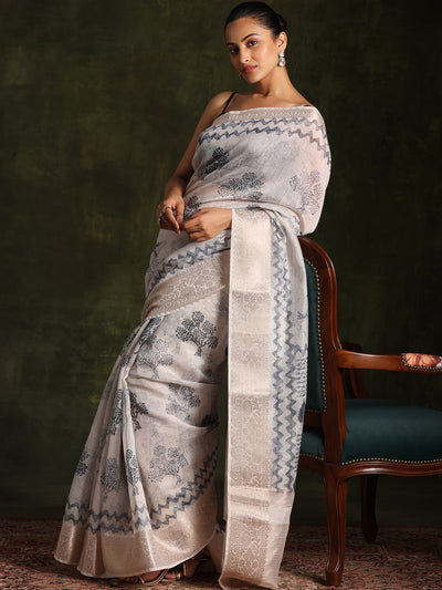 Grey Printed Silk Blend Saree With Unstitched Blouse Piece