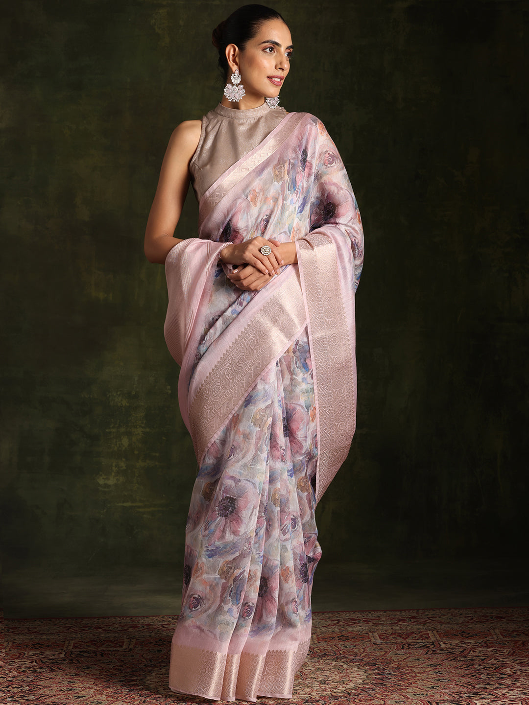 Multicoloured Printed Silk Blend Saree With Unstitched Blouse Piece