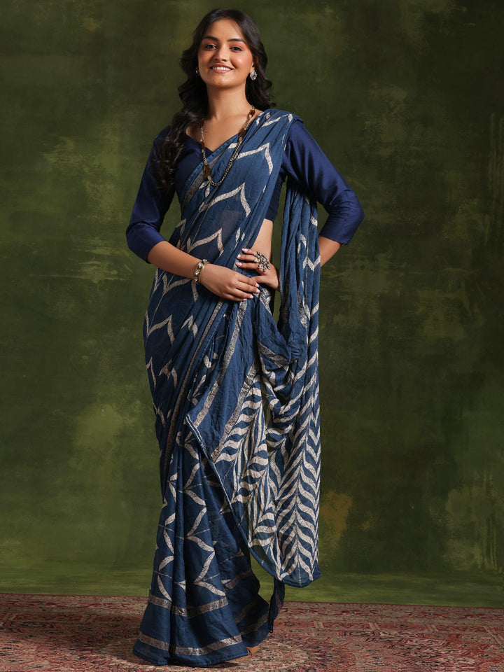 Blue Printed Poly Georgette Saree With Unstitched Blouse Piece - Libas
