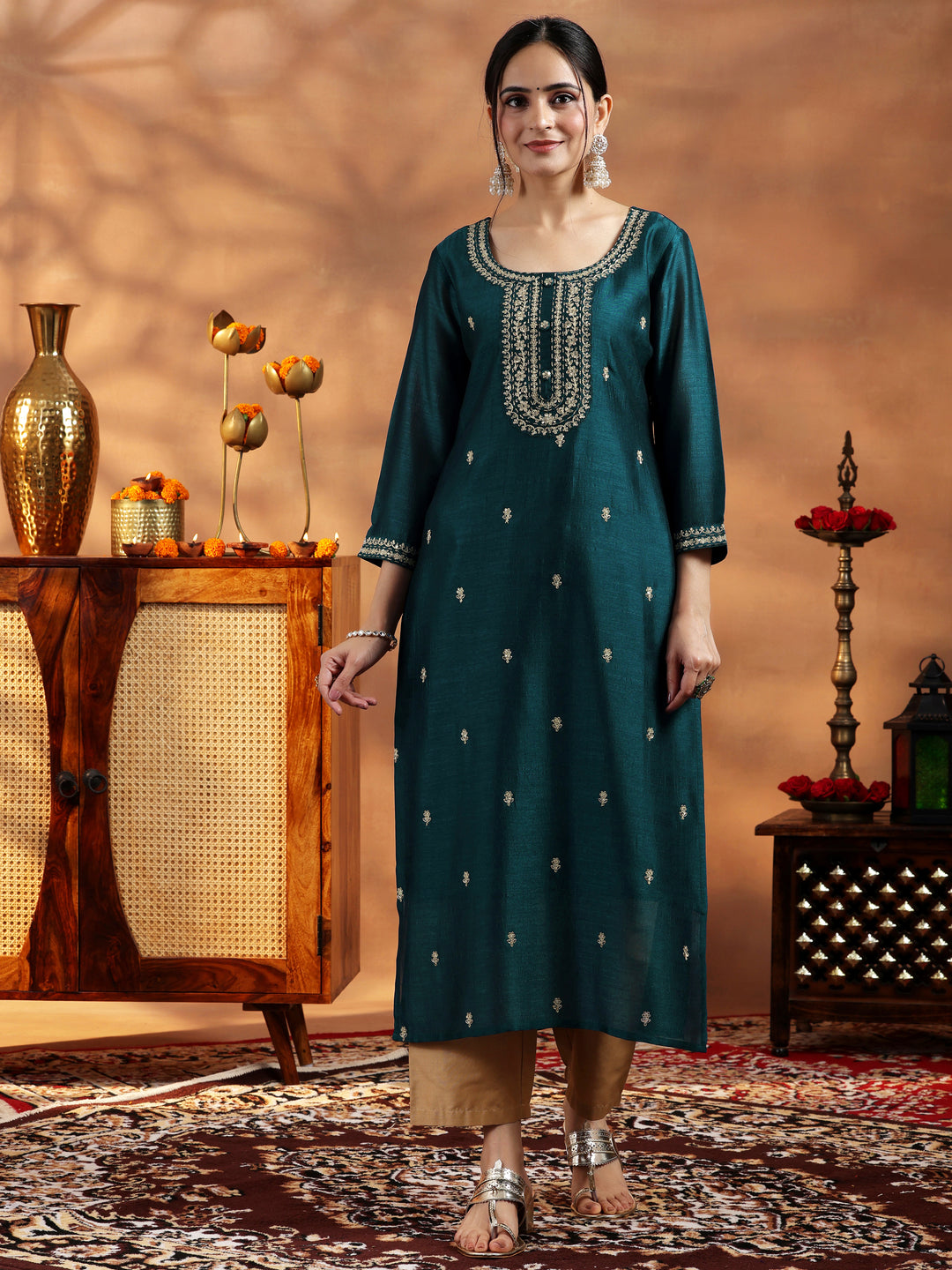 Libas Teal Embroidered Silk Straight Kurta