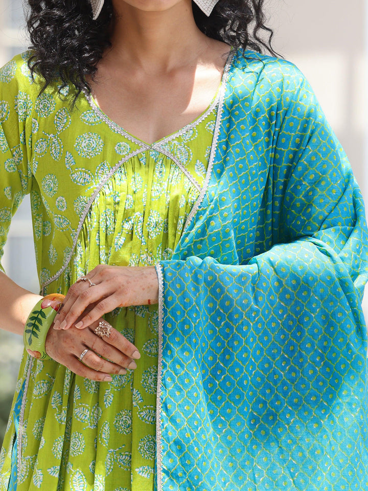 Green Printed Cotton A-Line Kurta With Palazzos & Dupatta
