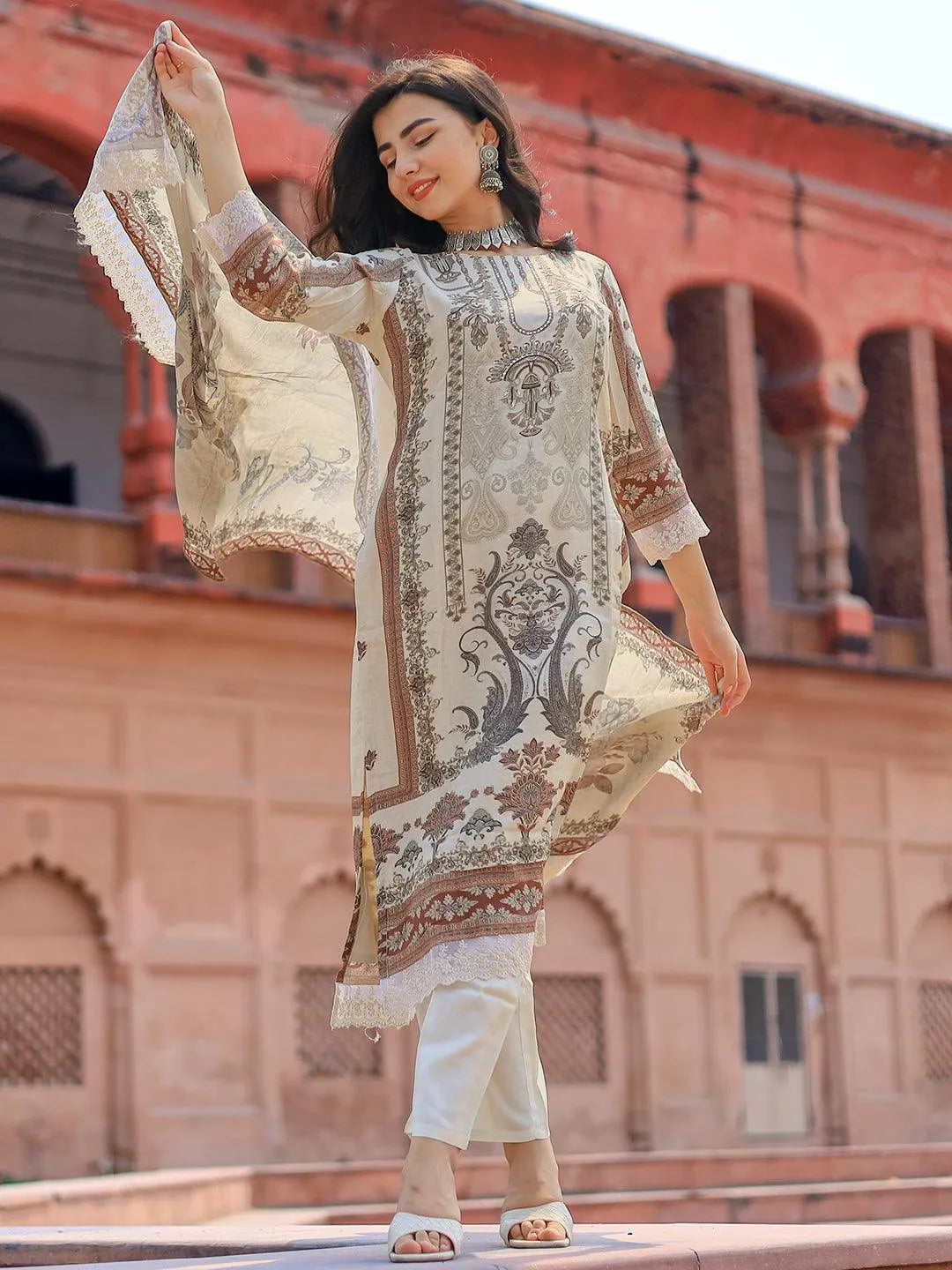 Ivory Printed Silk Blend Straight Suit Set With Dupatta