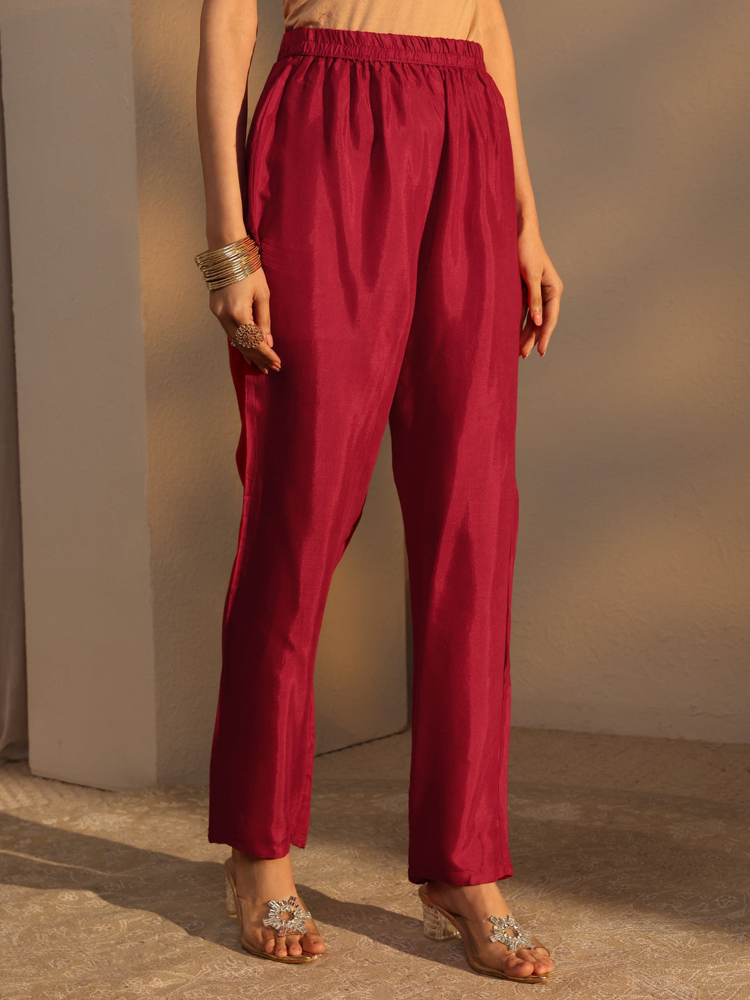 Red Ethnic Embroidered Silk Blend Straight Suits Set With Dupatta