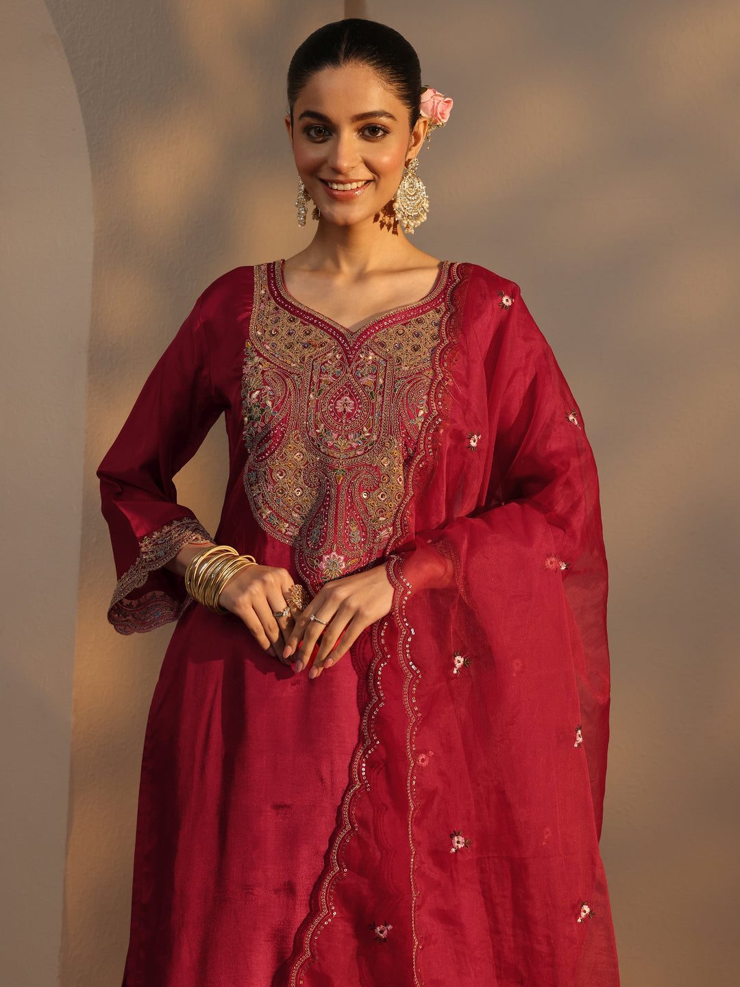 Red Ethnic Embroidered Silk Blend Straight Suits Set With Dupatta