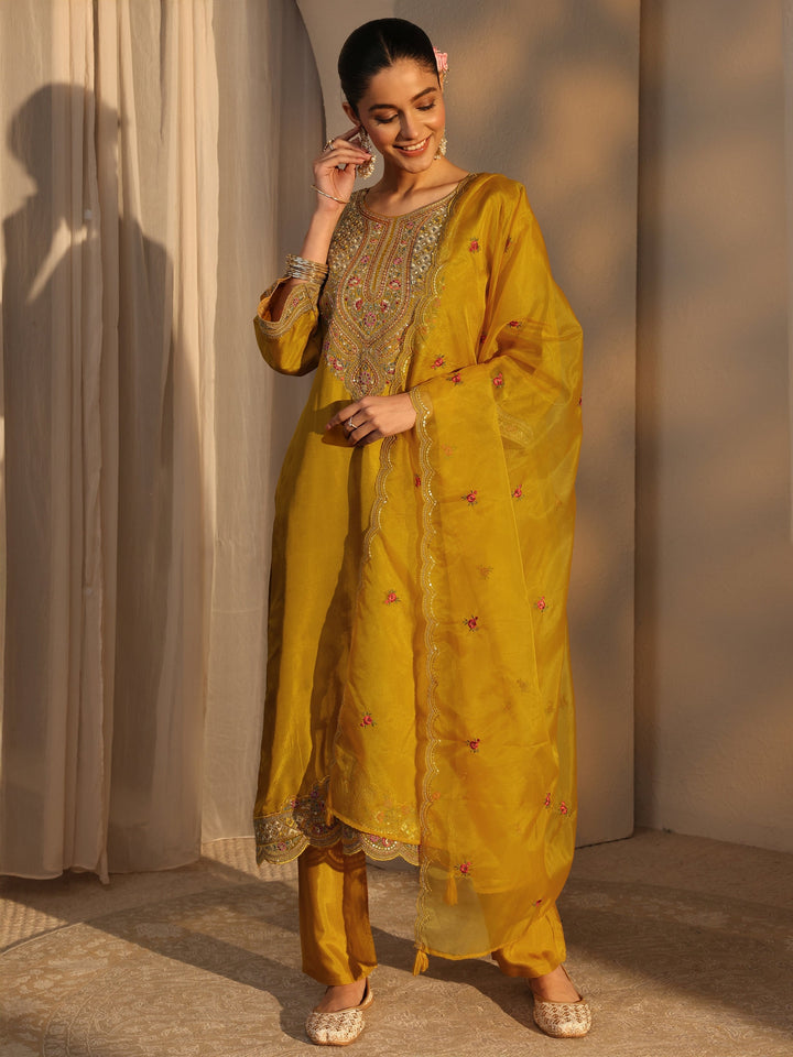 Mustard Ethnic Embroidered Silk Blend Straight Suits Set With Dupatta