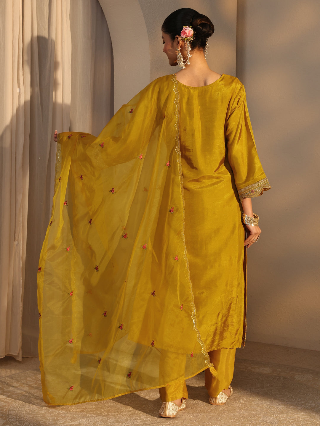 Mustard Ethnic Embroidered Silk Blend Straight Suits Set With Dupatta