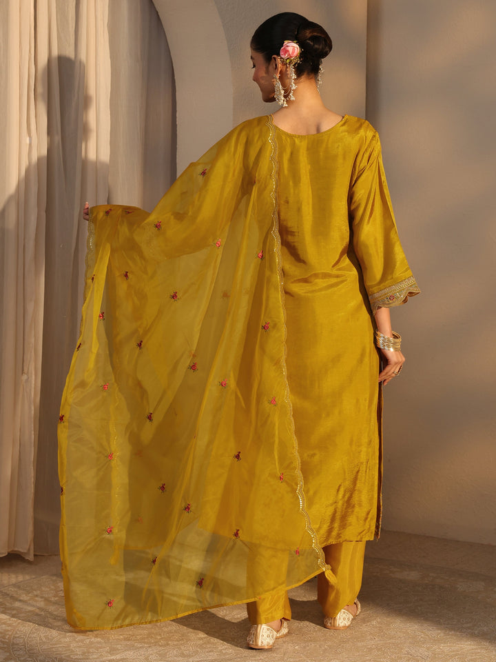 Mustard Ethnic Embroidered Silk Blend Straight Suits Set With Dupatta