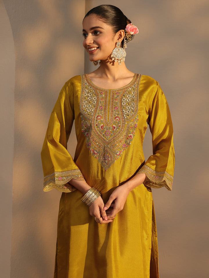 Mustard Ethnic Embroidered Silk Blend Straight Suits Set With Dupatta