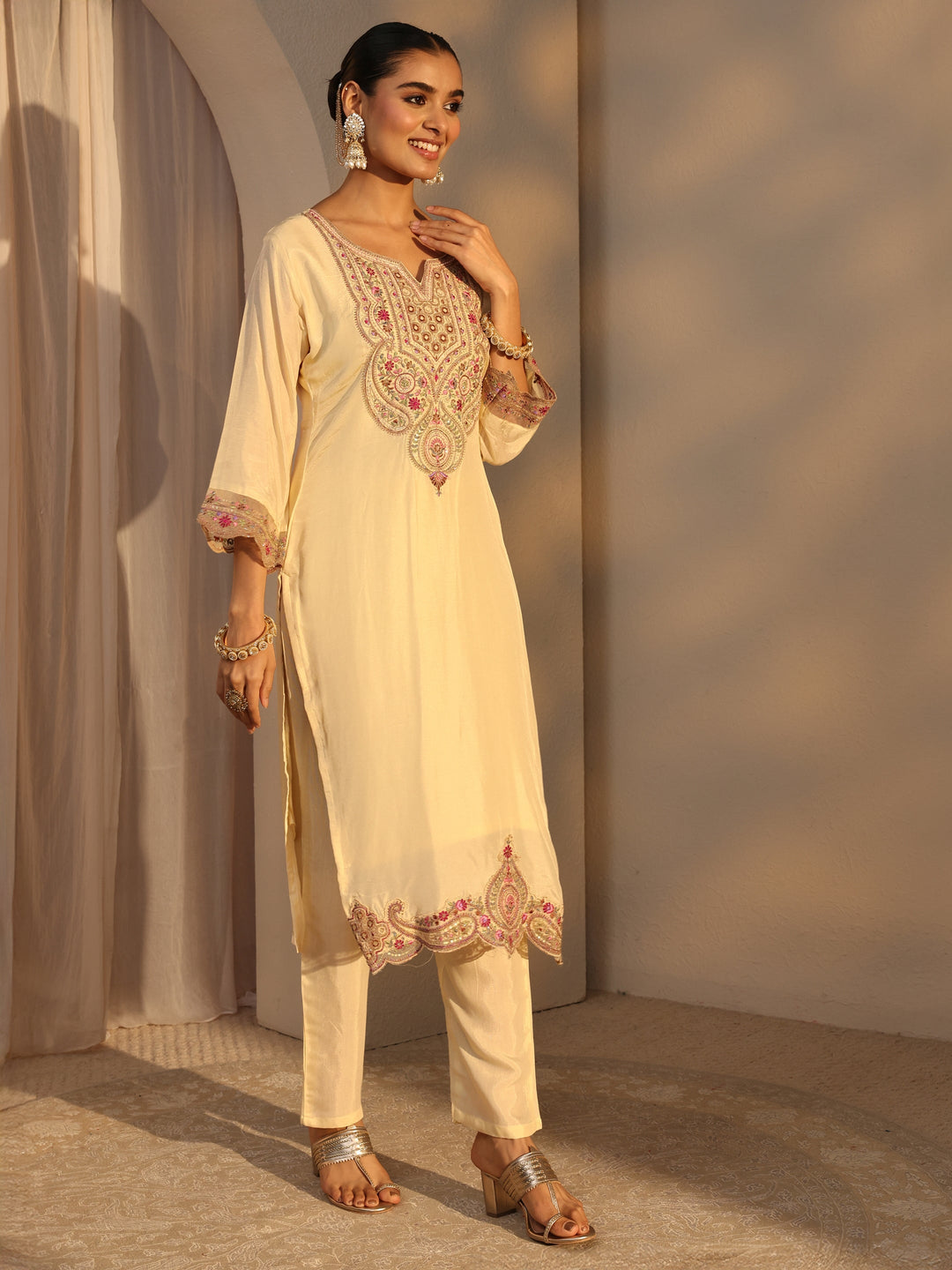 Cream Ethnic Embroidered Silk Blend Straight Suits Set With Dupatta