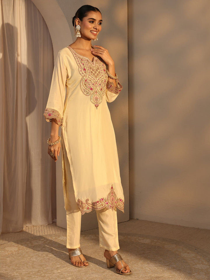 Cream Ethnic Embroidered Silk Blend Straight Suits Set With Dupatta