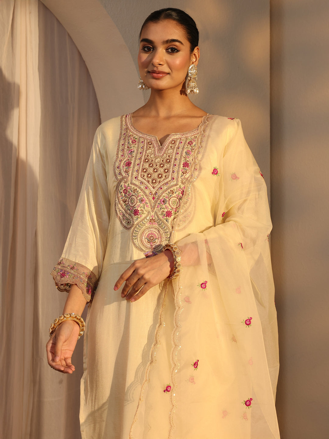 Cream Ethnic Embroidered Silk Blend Straight Suits Set With Dupatta