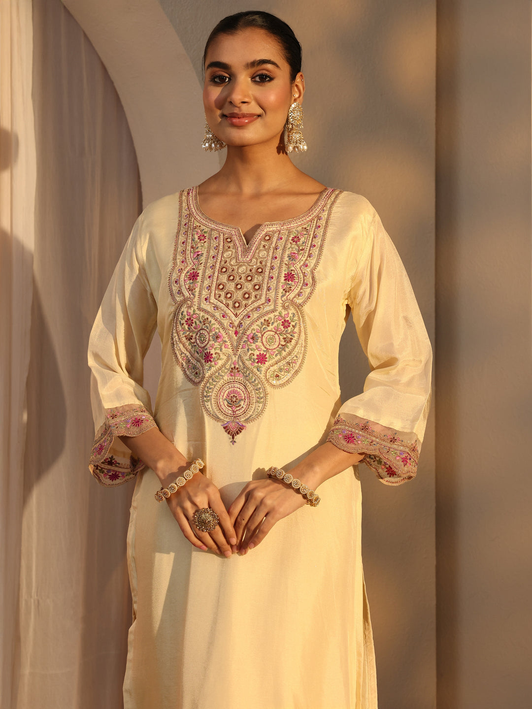 Cream Ethnic Embroidered Silk Blend Straight Suits Set With Dupatta
