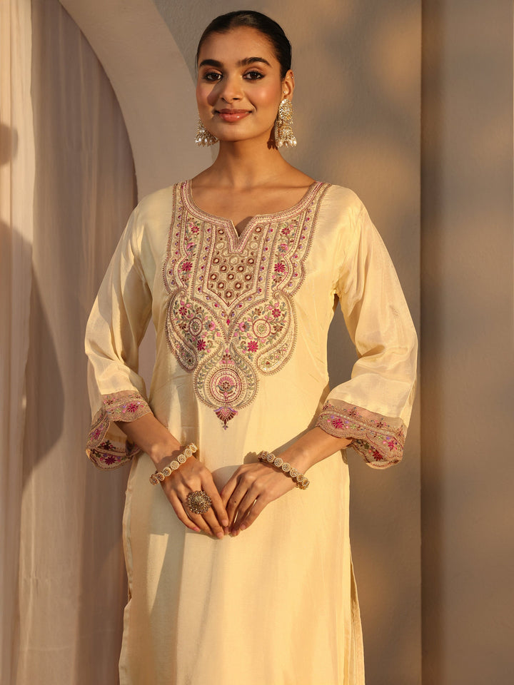 Cream Ethnic Embroidered Silk Blend Straight Suits Set With Dupatta