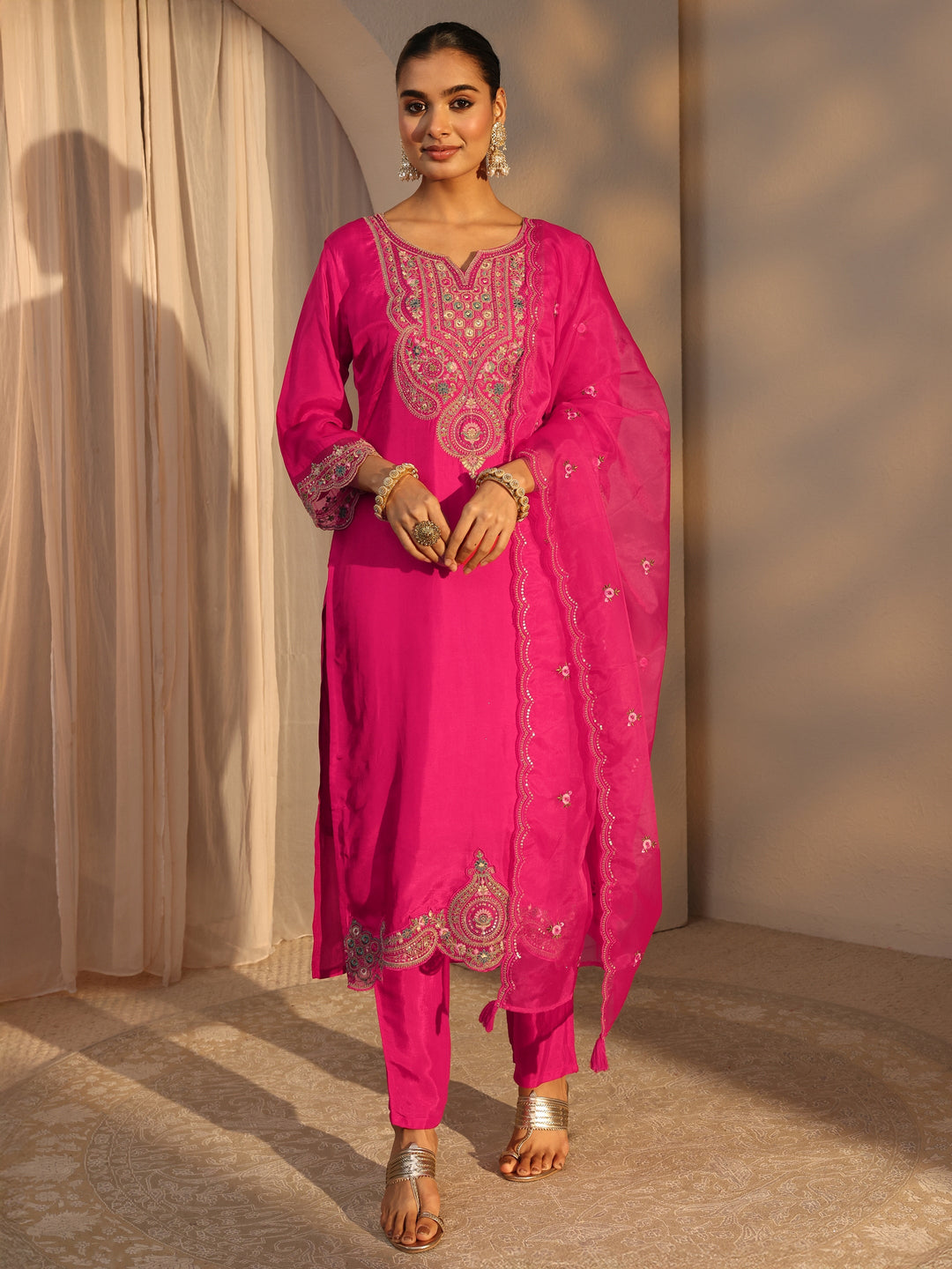 Pink Ethnic Embroidered Silk Blend Straight Suits Set With Dupatta