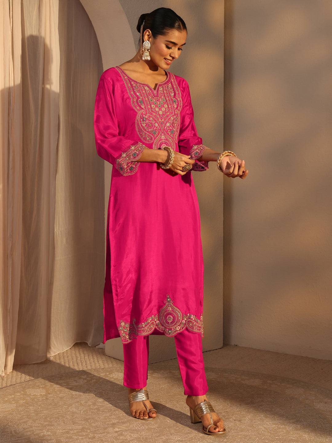 Pink Ethnic Embroidered Silk Blend Straight Suits Set With Dupatta