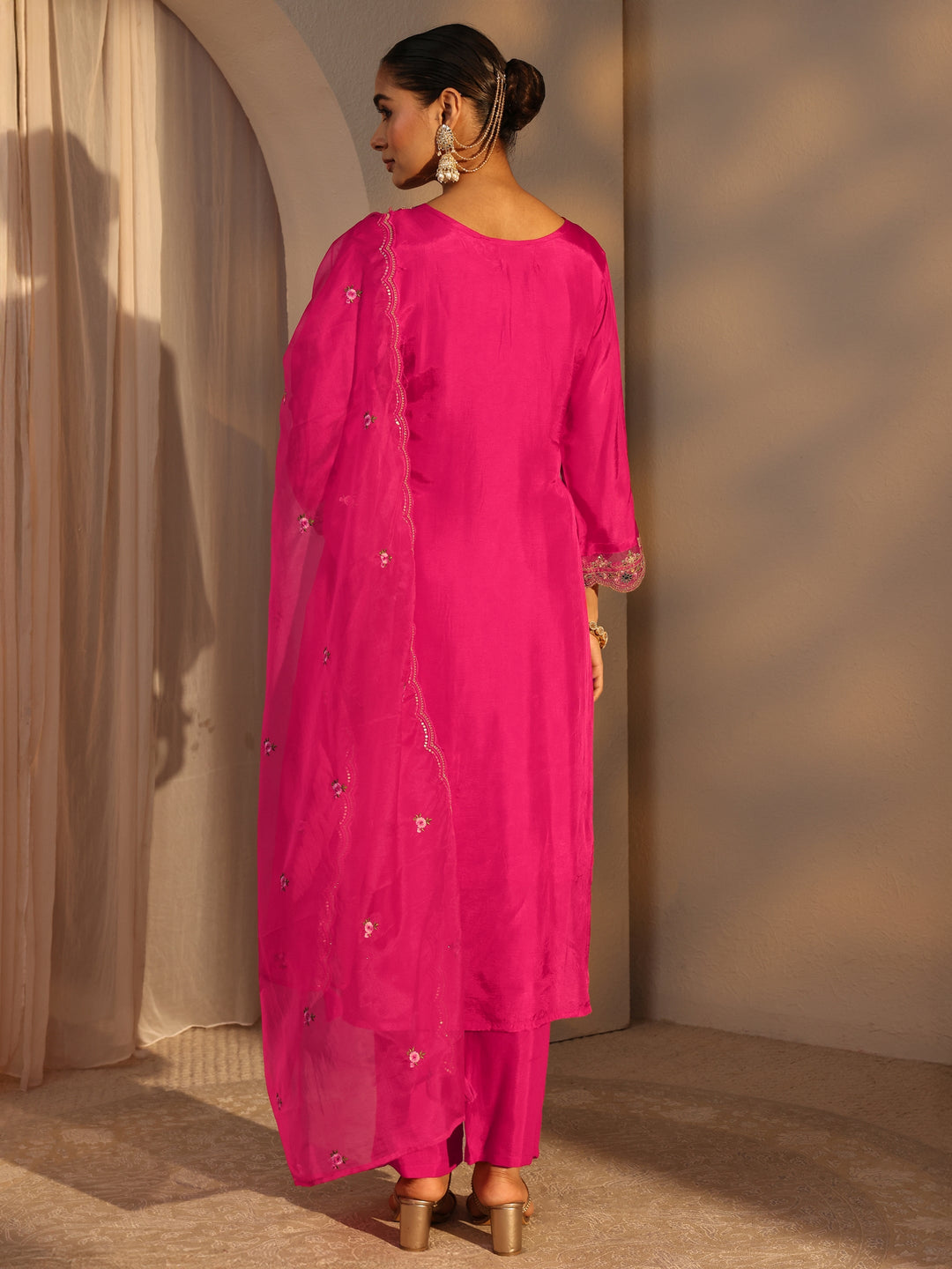 Pink Ethnic Embroidered Silk Blend Straight Suits Set With Dupatta