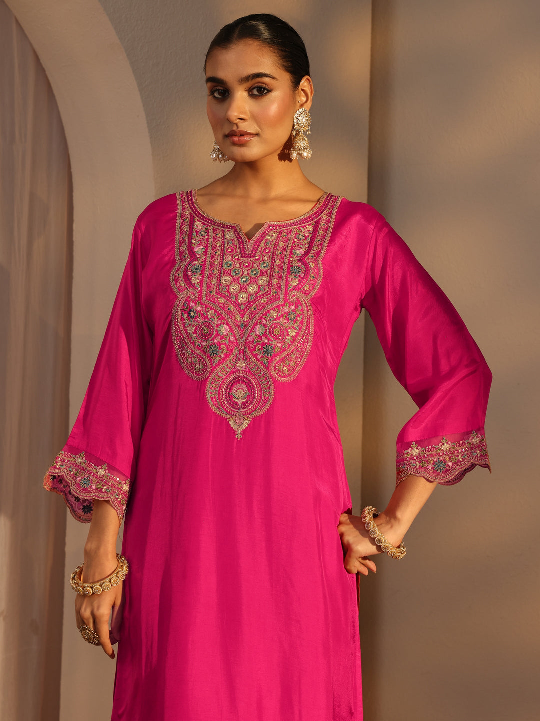 Pink Ethnic Embroidered Silk Blend Straight Suits Set With Dupatta