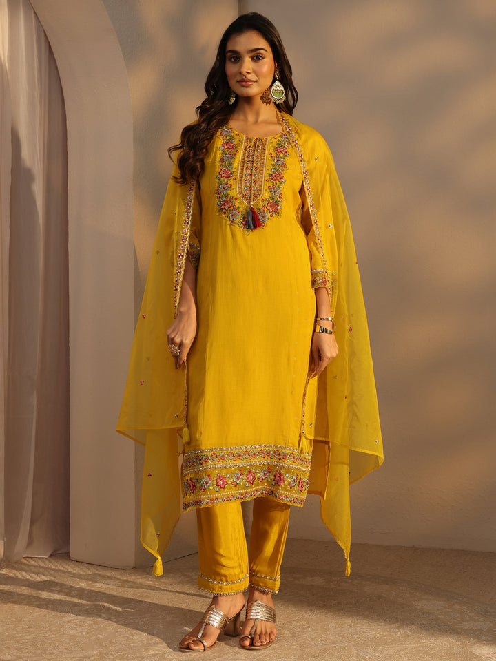 Mustard Woven Design Chanderi Cotton Straight Suits Set With Dupatta