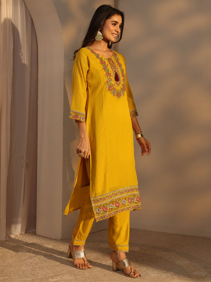 Mustard Woven Design Chanderi Cotton Straight Suits Set With Dupatta