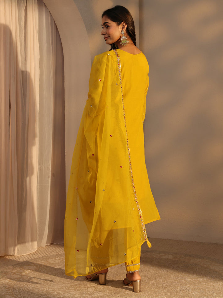 Mustard Woven Design Chanderi Cotton Straight Suits Set With Dupatta