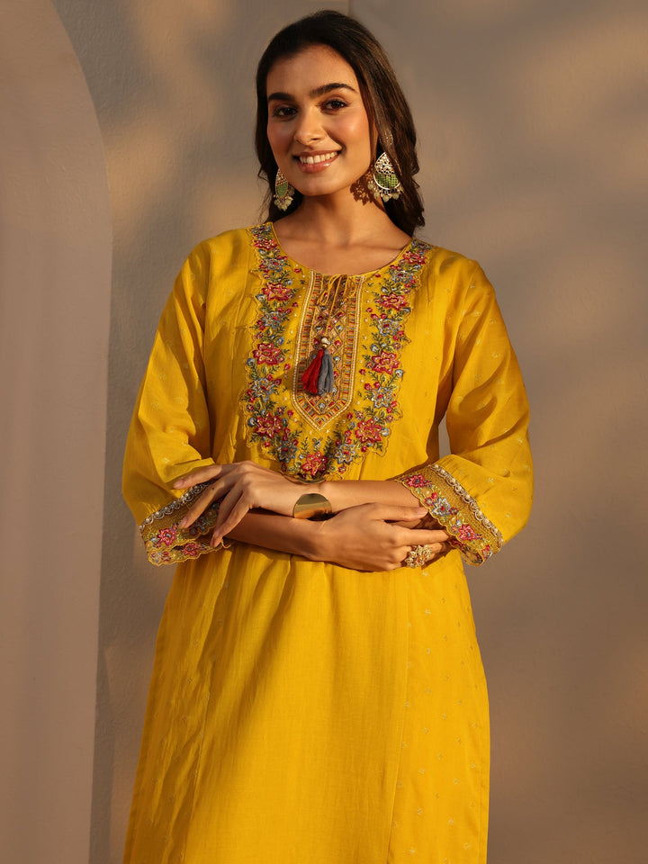 Mustard Woven Design Chanderi Cotton Straight Suits Set With Dupatta